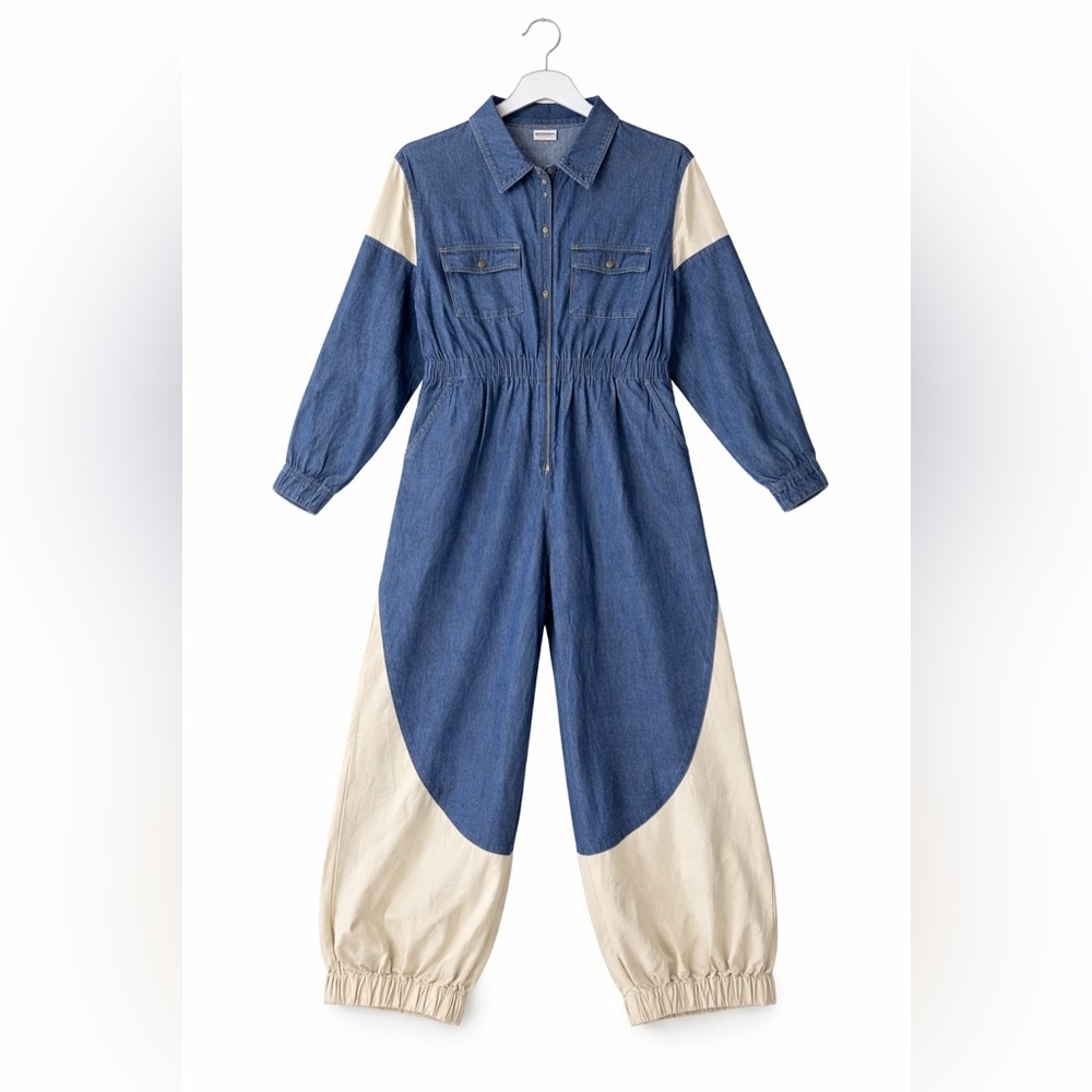 Denim Colorblock Balloon Leg Jumpsuit Utility Romper Cotton Oversized Boho